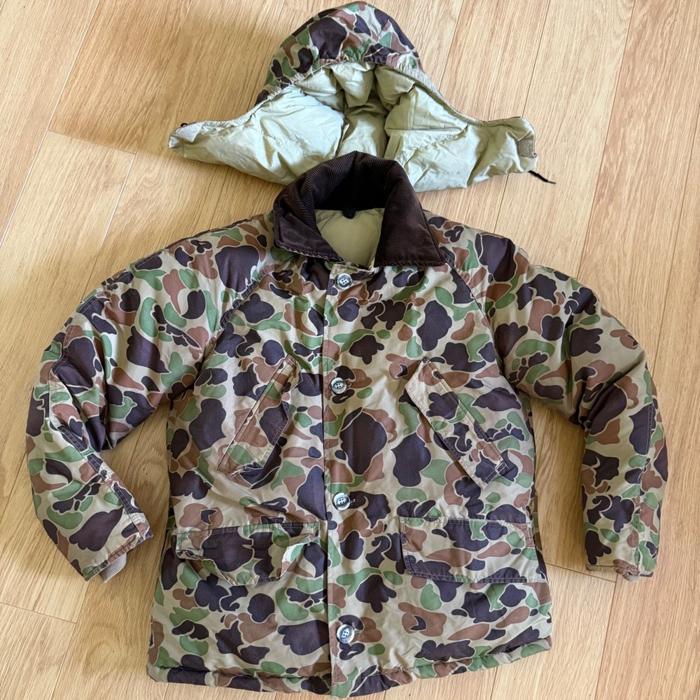 VINTAGE LL Bean Parka Coat Medium Camo Goose Down Hunting Field Jacket Hood USA